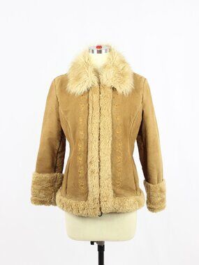 Vintage 00's GUESS Tan Embroidered Leather Faux Fur Penny Lane Coat, Size S